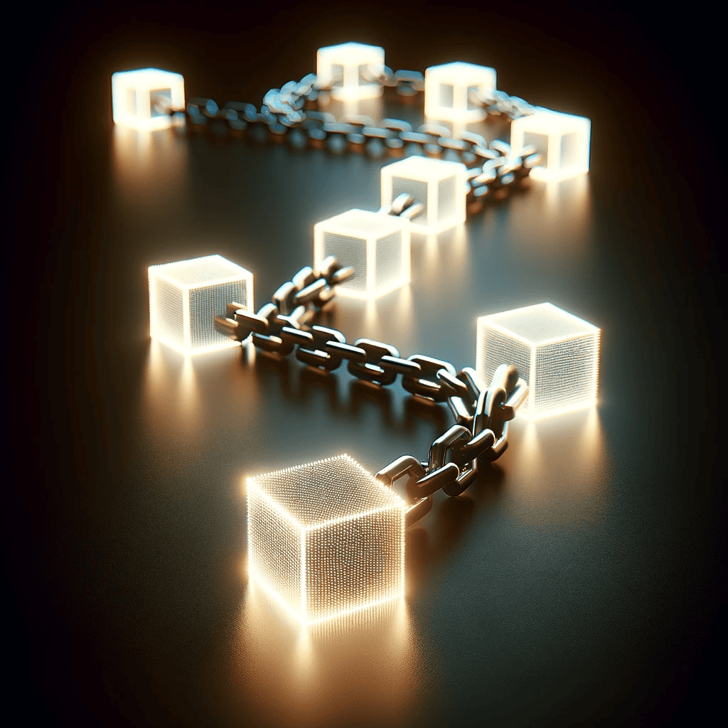 DALL·E 2023-11-03 13.38.38 - Photo of a simple yet eye-catching blockchain concept, featuring a chain made of glowing digital blocks laid out on a sleek black surface, symbolizing.png